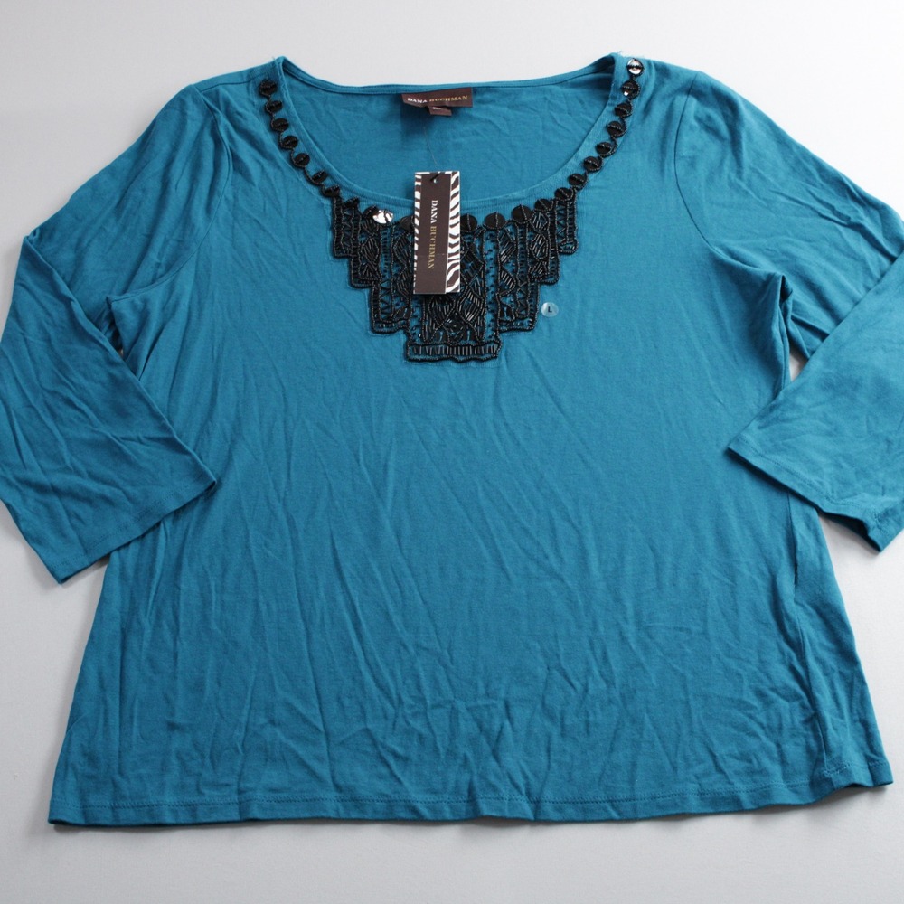 Dana Buchman Teal Blue Beaded Bib Neck Top 3/4 Sleeve Size L Office Workwear NWT